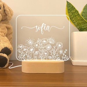 Boho Wildflower Night Light, Personalized baby gift, Nursery Decor, Custom Name Night Light, Rectangle Flower sleep light