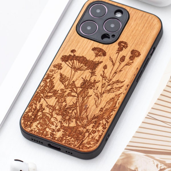 Wild flowers and leaves Real Wood iPhone 16 Pro case, Wooden iPhone 14 Pro Max Case, Wood Case for iPhone 14 15 16Pro Max series