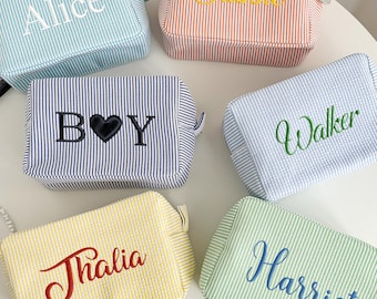 Personalized Travel Makeup Bag/ Monogrammed Toiletry Bag/ Seersucker Makeup Bag/ Bridesmaid Gifts/ Striped Storage Bag/ Wedding Party Gifts