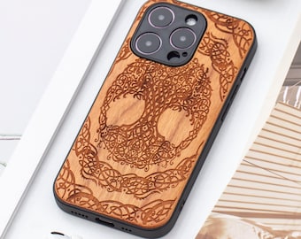 Celt Tree of Life Compass Real Wood iPhone 16 Pro case, Wooden iPhone 14 Pro Max Case, Wood Case for iPhone 14 15 16Pro Max series