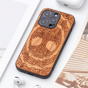 Funda de madera auténtica con brújula celta del árbol de la vida para iPhone 16 Pro, funda de madera para iPhone 14 Pro Max, funda de madera para iPhone 14, 15 y 16 Pro Max