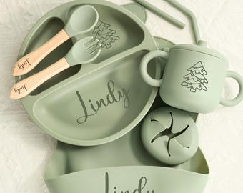 Personalisierte Silikon-Weaning-Set / benutzerdefinierte Baby-Teller / Baby-Fütterungs-Set mit Namen / Baby-Dusche-Geschenk / Weaning-Set für Kleinkind-Baby-Kinder / Lätzchen