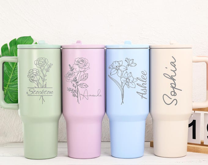 Personalized Tumbler 40 oz With Name/ Birth Flower Tumbler/ Custom Travel Cup with Handle & Straw/ Bridesmaid Proposal Gift/ Bridal Party