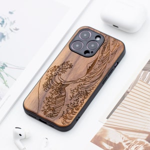 The Great Wave off Kanagawa Holz iPhone 16 Pro Hülle, Holz iPhone 14 Pro Max Hülle für iPhone 11, 12, 13, 14 15 16 Pro Max Serie