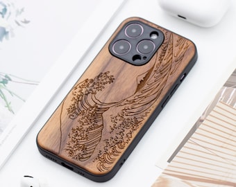 The Great Wave off Kanagawa Wood iPhone 16 Pro case, Wooden iPhone 14 Pro Max Case, Wood Case for iPhone 14 15 16 Pro Max series