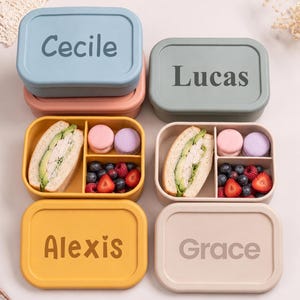 Könnte beinhalten: Vier personalisierte Lunchboxen in Pastellfarben, jeweils mit einem Namen auf dem Deckel: Cecile, Lucas, Alexis und Grace. Die Boxen enthalten Sandwiches, Macarons und frische Beeren, ideal für ein Lunchpaket.
