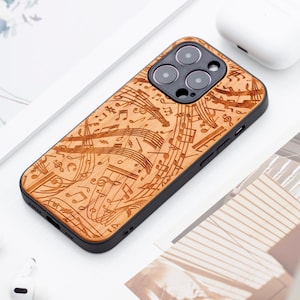 Music Wood iPhone 15 Pro Case, Wooden iPhone 15 Pro Max Case, Wood Case for iPhone 14 15 16 Pro Max mini se series