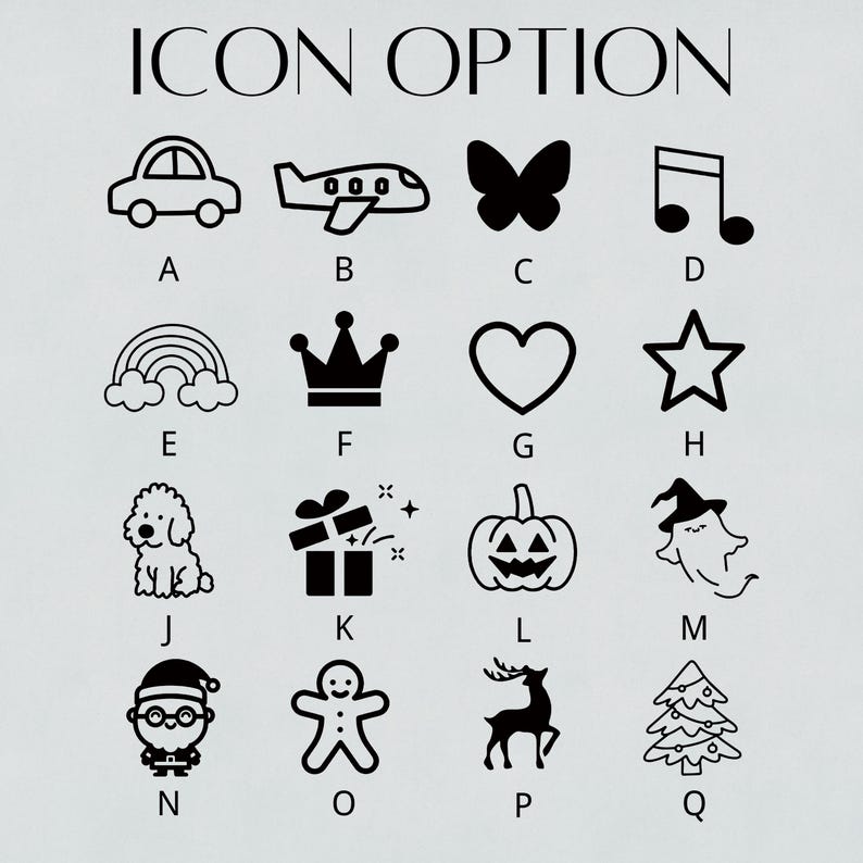 May include: A collection of black and white icon options, including a car, airplane, butterfly, musical note, rainbow, crown, heart, star, dog, gift, jack-o'-lantern, ghost, Santa, gingerbread man, reindeer, and Christmas tree.