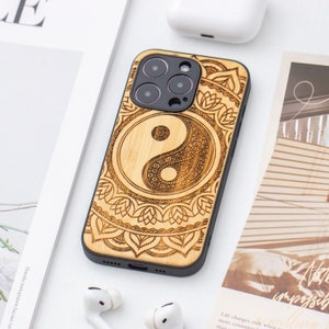 Yin Yang Mandala Real Wood iPhone 15 Pro Case, Wooden iPhone 15 Pro Max Case, Wood Case for iPhone  14 15 16 Pro Max mini se series