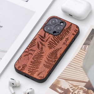 Étui pour iPhone 16 Pro en bois véritable feuille botanique fougère d'hiver, étui en bois pour iPhone 14 Pro Max, étui en bois pour iPhone 12 13 14 15 16Pro Max
