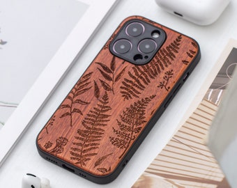 Winter Fern Botanical Leaf  Real Wood iPhone 16 Pro case, Wooden iPhone 14 Pro Max Case, Wood Case for iPhone 14 15 16Pro Max series