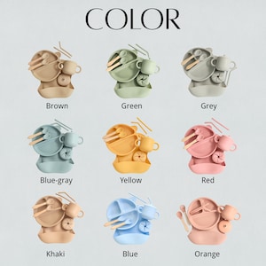 May include: A collection of baby feeding sets in various colors, including brown, green, grey, blue-grey, yellow, red, khaki, blue, and orange. Each set includes a plate, bowl, cup, spoon, fork, and straw. The word "COLOR" is at the top.