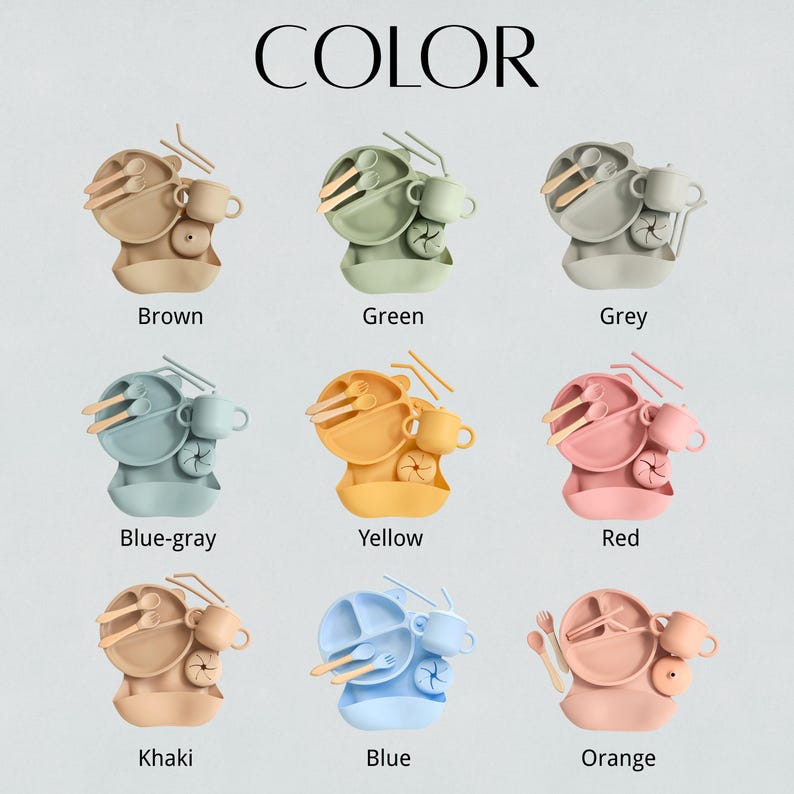 May include: A collection of baby feeding sets in various colors, including brown, green, grey, blue-grey, yellow, red, khaki, blue, and orange. Each set includes a plate, bowl, cup, spoon, fork, and straw. The word "COLOR" is at the top.