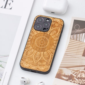 Mandala Real Wood iPhone 15 Pro Case, Wooden iPhone 15 Pro Max Case, Wood Case for iPhone 14 15 16 Pro Max mini se series