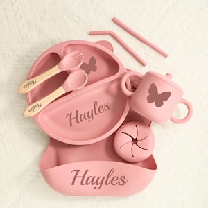 May include: A pink baby feeding set with a plate, bib, cup, snack container, two straws, and utensils. The plate and cup feature a butterfly design. The name "Hayles" is printed on the plate and bib. The utensils have wooden handles.