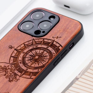 Compass And Great Waves Wood iPhone 14 Pro Case, Wooden iPhone 14 Pro Max Case, Wood Case for iPhone 11, 12, 13, 14 Pro Max series