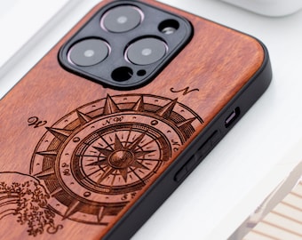 Compass And Great Waves Wood iPhone 16 Pro case, Wooden iPhone 14 Pro Max Case, Wood Case for iPhone 14 15 16 Pro Max series