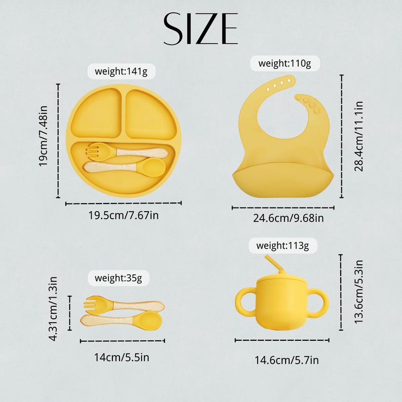 May include: Yellow baby feeding set including a divided plate with utensils, a bib, and a sippy cup with a straw. The plate is 7.67 inches wide, the bib is 11.1 inches long, and the cup is 5.7 inches wide.