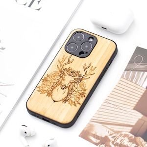 Floral Deer Buck Real Wood iPhone 15 Pro Case, Wooden iPhone 15 Pro Max Case, Wood Case for iPhone 14 15 16 Pro Max mini se series