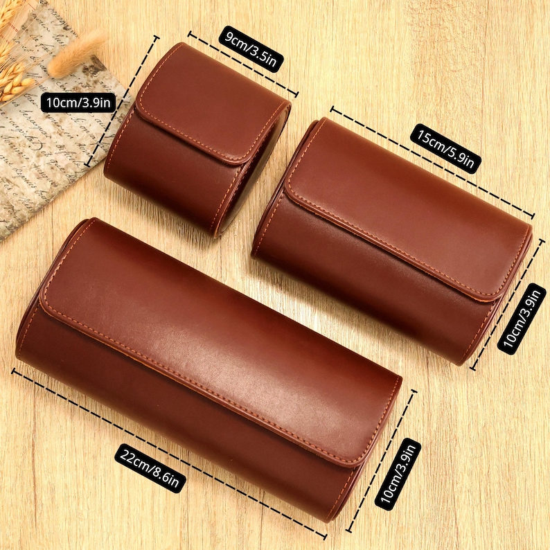 May include: Three brown leather cases with flap closures. The largest case measures 22 inches long, 3.9 inches high, and 3.9 inches deep. The medium case is 15 inches long, 3.9 inches high, and 3.9 inches deep. The smallest case is 3.5 inches long, 3.9 inches high, and 3.9 inches deep.