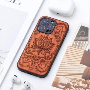 Custodia in vero legno Mandala Lotus per iPhone 15 Pro, custodia in legno per iPhone 15 Pro Max, custodia in legno per iPhone 12, 13, 14, 15, 16 Pro Max serie mini SE