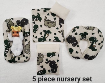 5 Piece Nursery Set for 3 Inch Dolls - Beige Dinosaurs Theme