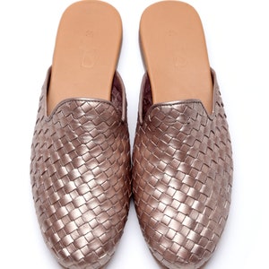 Handmade Metallic Bronze Loafer Mules,Leather Woven Mules,Handcrafted Slipons for women