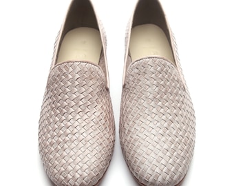 Confetti Beige Woven Loafers,Handmade Leather Woven Shoes