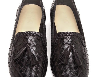 Juilett Black Woven Loafers,Handmade Leather Woven Shoes,For Women