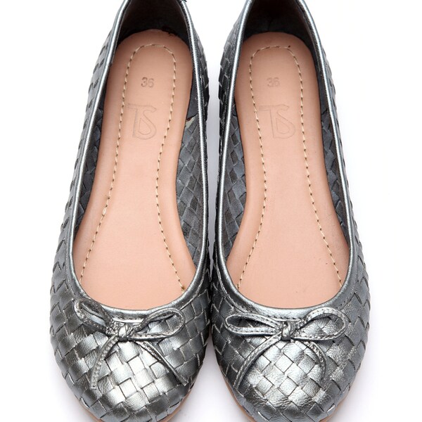 Platinum Woven Ballerinas,Handmade,Leather Woven Shoes,Handwoven Leather Ballerinas