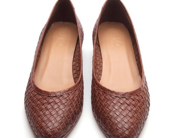 Scarlett 3 Tan,Hand woven Ballerinas, Leather Woven Shoes,Pointed Toe