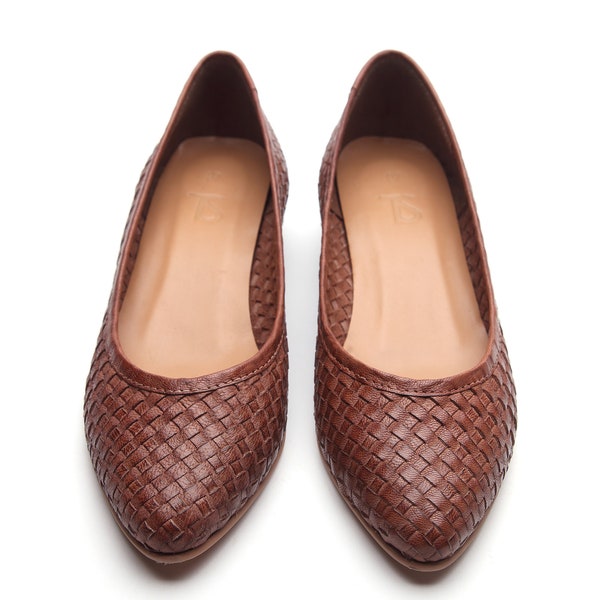 Scarlett 3 Tan,Hand woven Ballerinas, Leather Woven Shoes,Pointed Toe