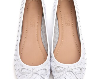 White Woven Ballerinas,Handmade,Leather Woven Shoes,Handwoven Leather Ballerinas