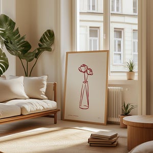 Póster de jarrón de flores, dibujo lineal floral abstracto, impresión moderna, arte de pared azul, boceto botánico estético, decoración de habitación, jarra de flores bohemia