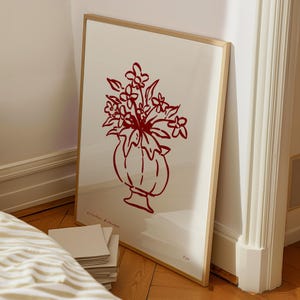 Estampado floral rojo con estampado de jarrón de moda, estampado de ramo retro, estampado floral dibujado, sala de estar de decoración moderna minimalista, dormitorio con ramo