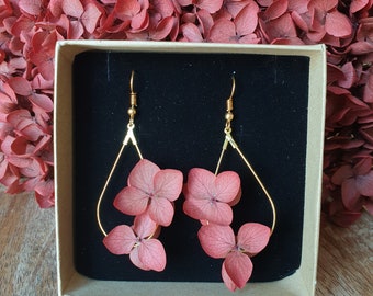 Boucles d'oreilles gouttes fleurs naturelles stabilisées terra cotta/bordeaux - Édition limitée