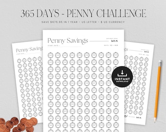 Penny Challenge Chart Printable, 365 Days Penny Savings Tracker, 52 Weeks Coin Savings Goals, Cash Budgeting, INSTANT DOWNLOAD, PDF Letter