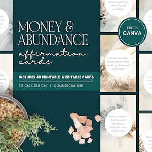 EDITABLE 48 Money & Abundance Affirmation Cards Canva Template | Positive Affirmations Digital | Money Mindset | Commercial Use | LD002