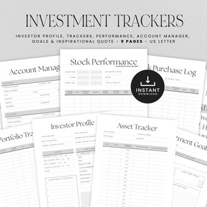 Op de afbeelding: Een verzameling witte, bedrukbare pagina's met de tekst "INVESTMENT TRACKERS". De pagina's bevatten secties voor investeerderprofielen, aandelenprestaties, accountbeheer en doelen. Een zwarte cirkel met "INSTANT DOWNLOAD" is ook zichtbaar.