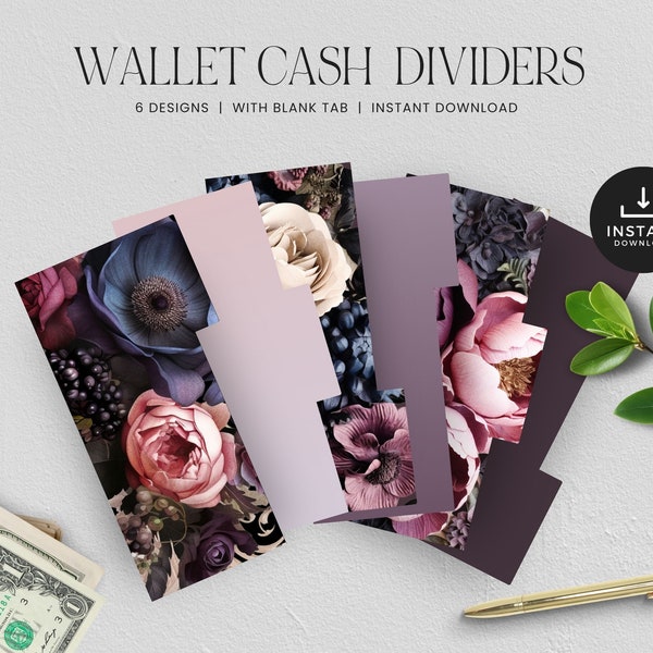 Cash Tab Dividers for Wallet, Cash Organizer, Cash Envelope Wallet Budget System, Cash Stuffing, INSTANT DOWNLOAD, Set of 6 - Moody Floral