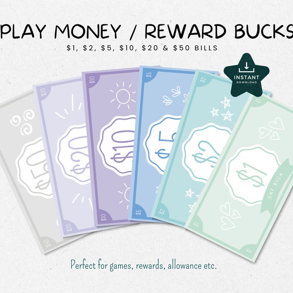 Play Money for Kids, Reward Bucks Printable, Money Games Kids, Chore Bucks, Pretend Money, Fun Money, INSTANT DOWNLOAD, Blue Green Purple