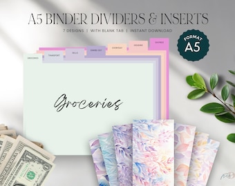 A5 Binder Cash Tab Dividers and inserts, Money Organizer, Cash Envelope Budget System, Cash Stuffing, INSTANT DOWNLOAD, Set 7 - Leaves