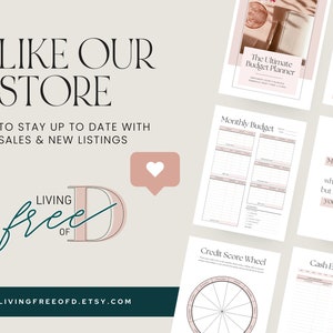 May include: A pink and white printable budget planner with sections for monthly budget, credit score wheel, cash envelopes, and a quote about money being a tool. The planner is designed to help people manage their finances.