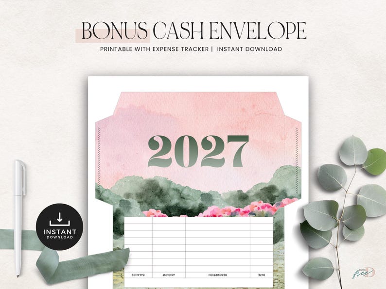 Op de afbeelding: Een printbare contant geld envelop met een aquarel landschap in roze en groene tinten, het jaartal 2027 in donkergroene tekst en een onkostenoverzicht. De tekst luidt BONUS CASH ENVELOPE, PRINTABLE WITH EXPENSE TRACKER, INSTANT DOWNLOAD.