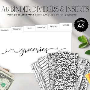 May include: A6 printable binder dividers and inserts with blank tabs. The dividers are labeled with categories such as "Groceries", "Transport", "Bills", "Dining Out", "Everyday", and "Savings". The image also shows a sample divider with the word "groceries" written in cursive.