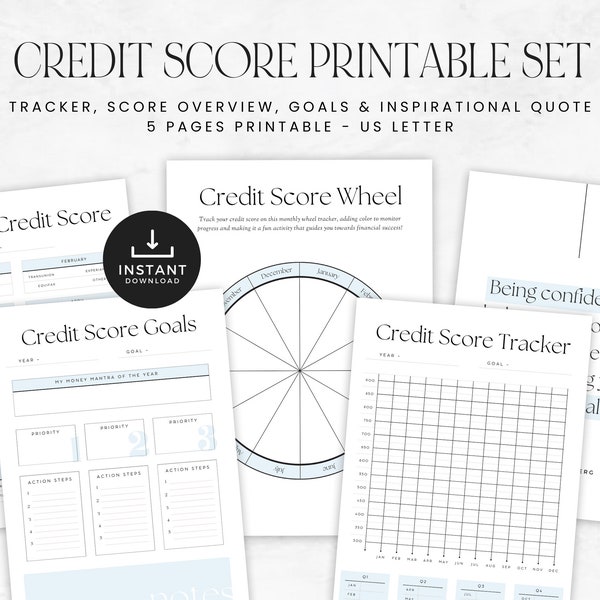 Credit Score Planner Printable Set, Credit Score Trackers, Money Goals, Monthly Budget Overview, INSTANT DOWNLOAD - 5 Pages - Blue LD054