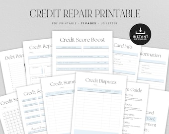Conjunto imprimible de reparación de crédito, rastreadores de puntaje crediticio, objetivos monetarios, rastreador de pago de deuda, libre de deudas, DESCARGA INSTANTE - 11pg - Azul LD054
