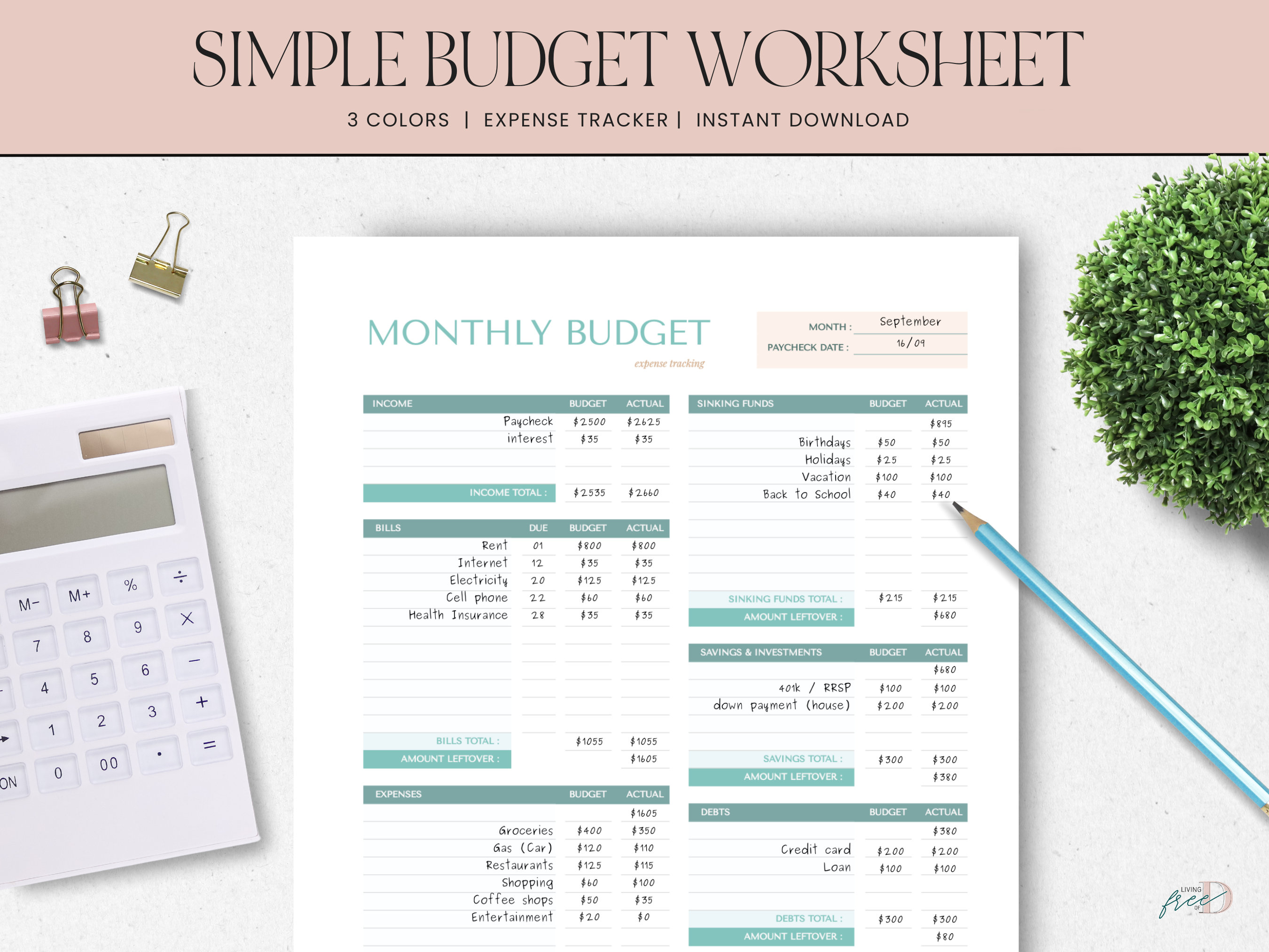 Simple Budget Worksheet Printable, Monthly Budget, Paycheck Budget ...