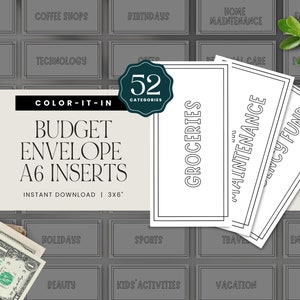 Categorie Cash Stuffing, Etichette per buste in contanti A6, Etichette per buste economiche, Inserti stampabili per raccoglitori economici, DOWNLOAD IMMEDIATO - Color-it-in
