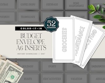 May include: A set of 52 printable budget envelope inserts in black and white. The inserts are designed to be used with A6 envelopes. The text on the inserts includes categories such as groceries, maintenance, and emergency fund. The text "COLOR-IT-IN" and "BUDGET ENVELOPE A6 INSERTS" is also visible on the image.